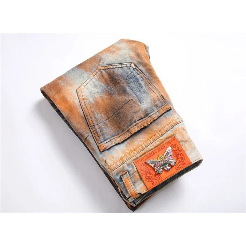 Retro Nostalgic Jeans Men's Ripped Slim Fit Straight Leg Stretch Washed Old and Dirty Fashionable Vintage Trousers