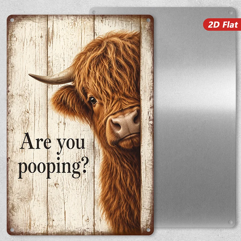 2D Flat, 1pc Highland Cow Humor Metal Sign Wall Art, Are You Pooping Quote, Suitable for Bedroom Living Room, Home Decor,