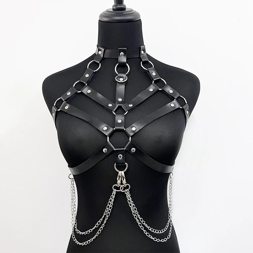 Sexy Leather Harness Women Chest Lingerie with Chain Strap Bondage Garter Belt Bdsm Gothic Fetish Clothing Leg Garter Stockings