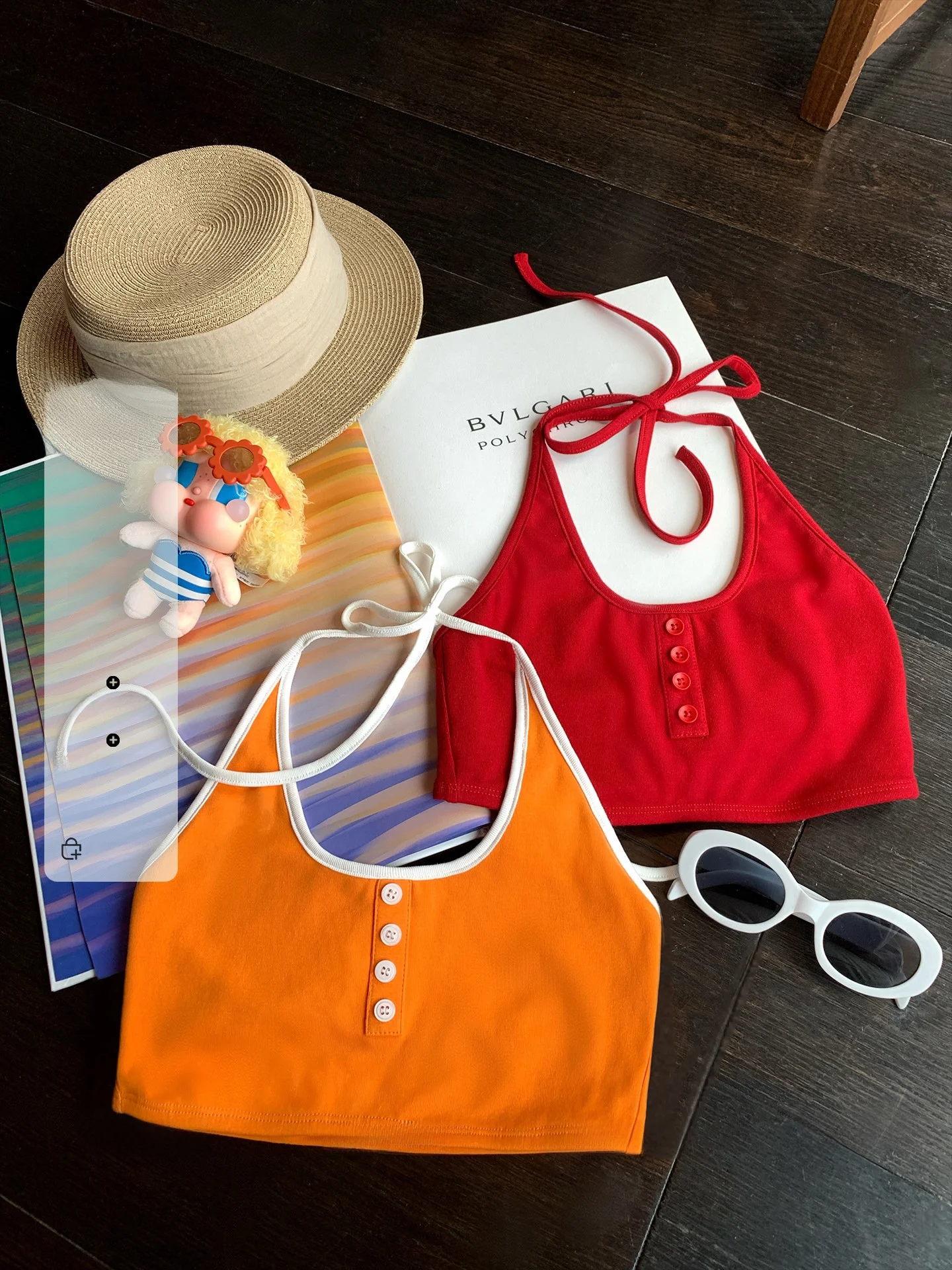 LIONE323 Ladies' Combed Cotton Button-Up Contrast Color Neck Hanging Small Vest Removable Chest Pad Underwear Short Tight Fit