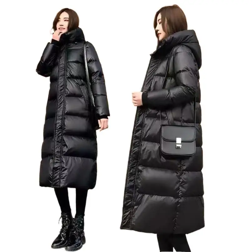 

Women Hooded Down Cotton Coat Winter Puffer X-Long Jacket Women Padded Cotton Coat Female Glossy Parkas Vintage Simple Chic Coat