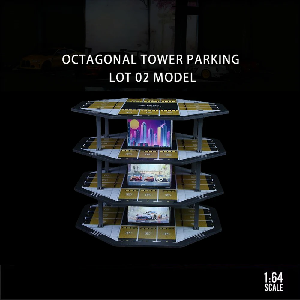 Car Garage Models 1:64 Octagonal Building Parking Lot - 48 Parking Spaces, Lighted, Miniature Simulation Scene