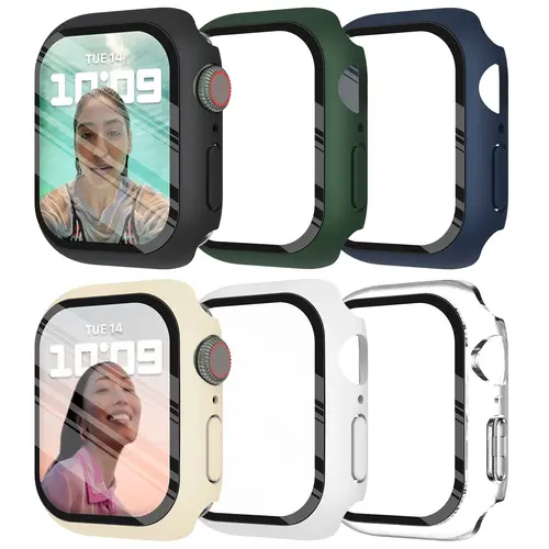 Vidrio templado + cubierta para Apple Watch 9 8 41mm 45mm 42mm 38mm PC Protector de pantalla de parachoques iWatch series 7 6 5 4 se 44mm 40mm