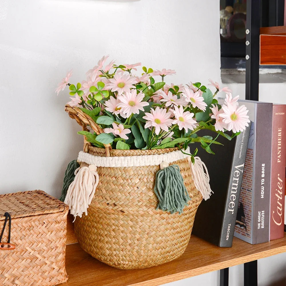 White Seagrass Basket Storage Woven Gift Basket Small Size Laundry Basket Plant Storage for Decoration