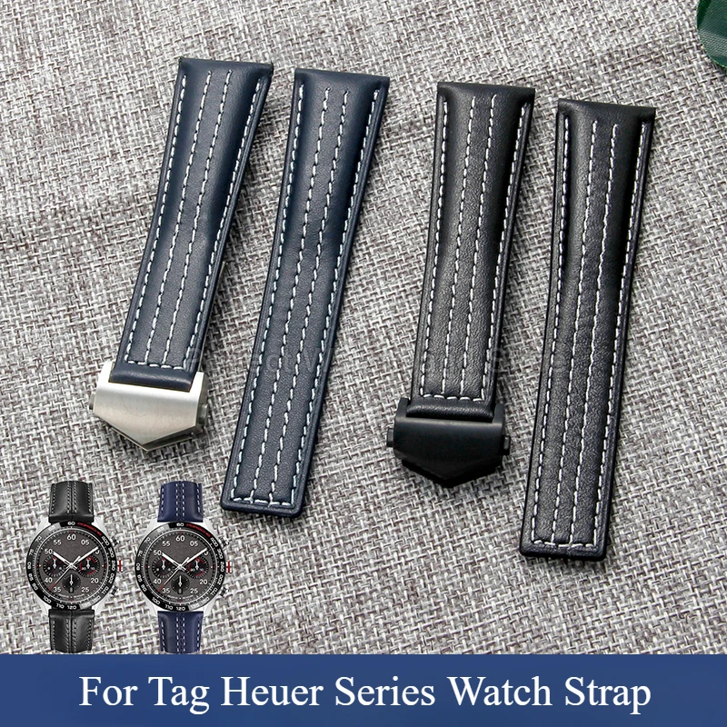 Leisure Gentleman's Genuine Cow Leather Watch Strap for Heuer Tag Series Lightweight Comfortable Watchbands 22mm Black Blue