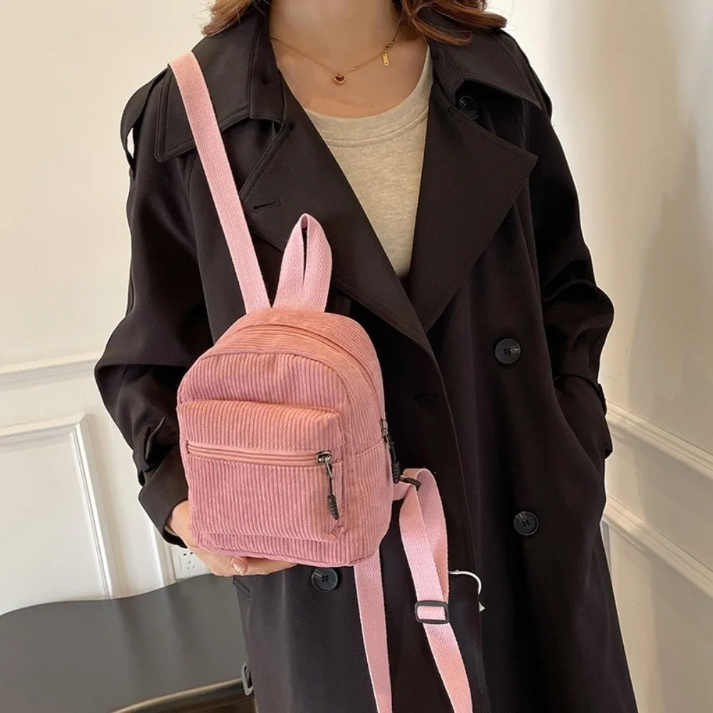Korean Style Solid Color Corduroy Mini Backpack Zipper Multi Pocket Double Shoulder Bag Portable Lightweight Daypack Women