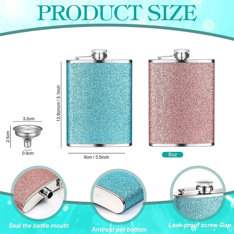 LMETJMA 8oz 230ML Hip Flask Stainless Steel Glitter Bling Liquor Flask for Women Leakproof Girl Whiskey Flask Pocket Flask JT376