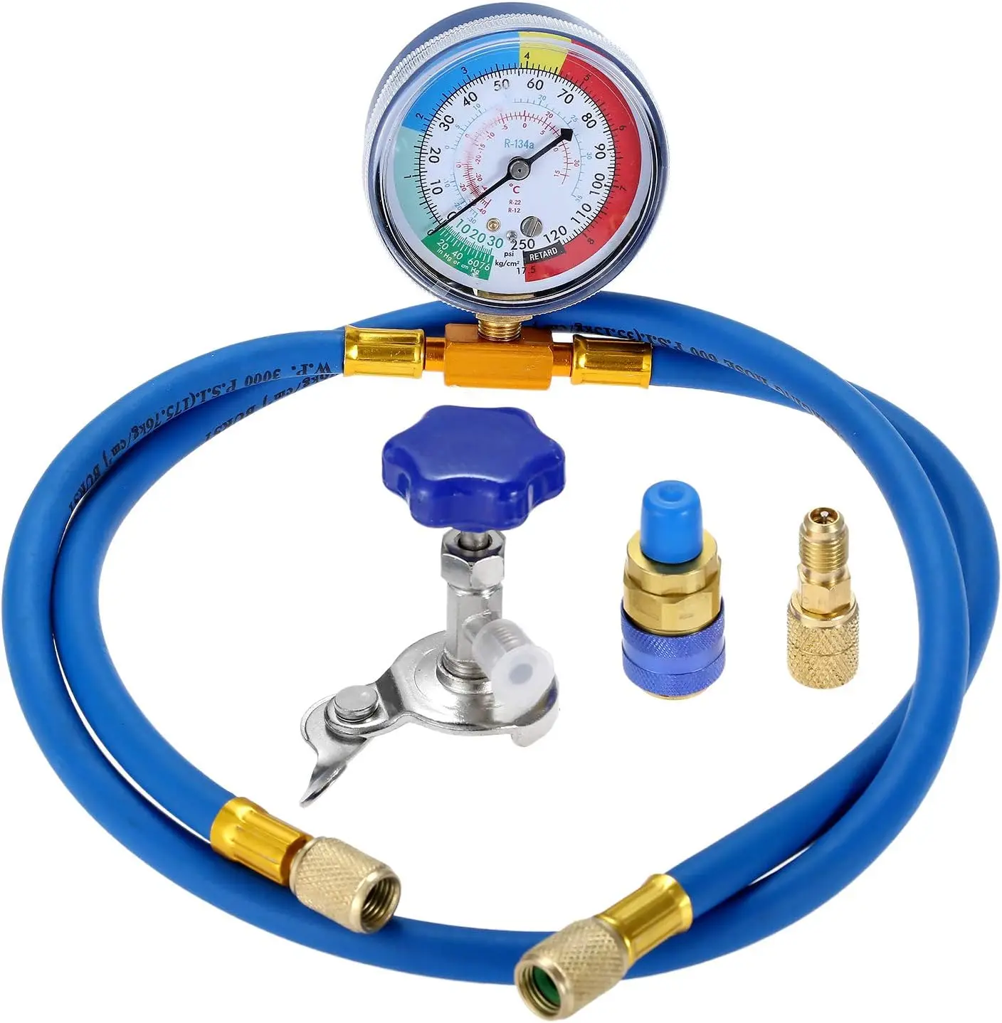 

R134A AC Charging Hose with Gauge Universal Can Tap Quick Coupler 1/4" SAE M To 5/16"F R410A Straight Adapter for Home & Car AC