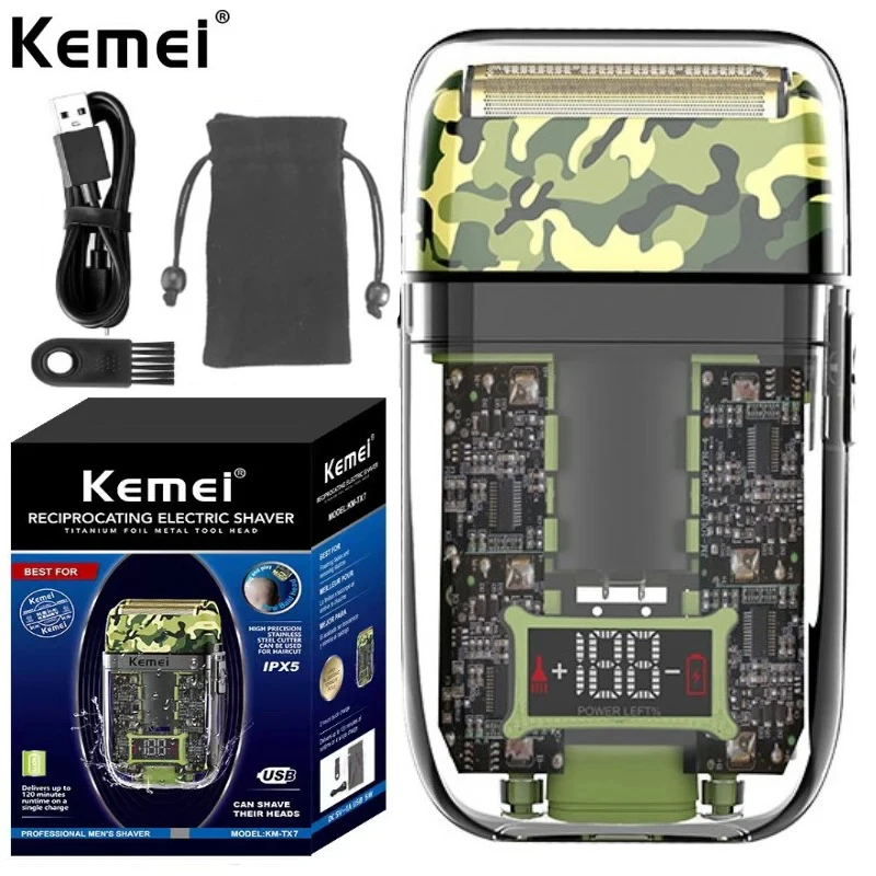 kemei km-TX7 Waterproof LCD Digital Display Razor USB Charging Camouflage Transparent Body Electric Shaver For Man