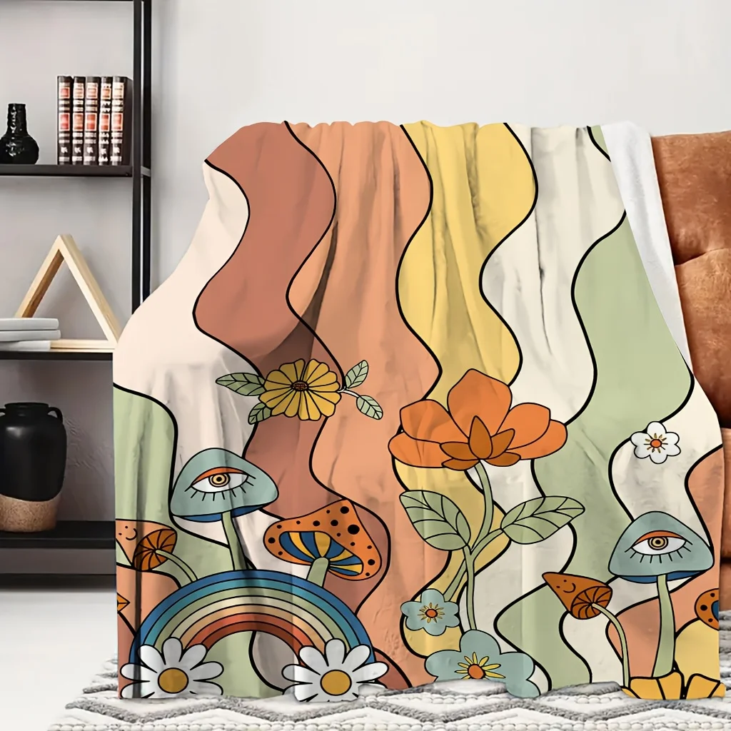 1pc Rainbow Wave Abstract Mushroom Floral Cartoon Print Flannel Blanket, Portable and Comfortable, Suitable for Blankets, Kids'