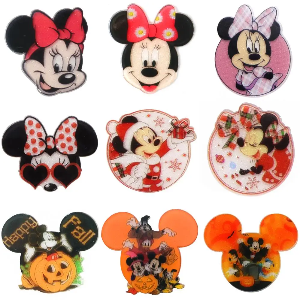 Disney Mickey Minnie 5pcs Planar Resin Flatback Glitter Claer Acrylic Craft Supplies Cabochon Scrapbook DIY Hair Bow Material