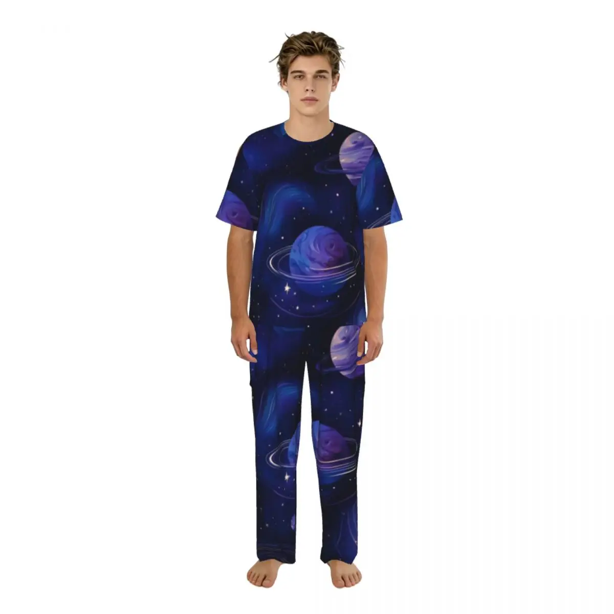 Men's Pajamas Set Summer Short-Sleeve Tops + Long Pants Nightwear Home Wear Suits Planets Stars And Swirling Galaxies Sleepwear