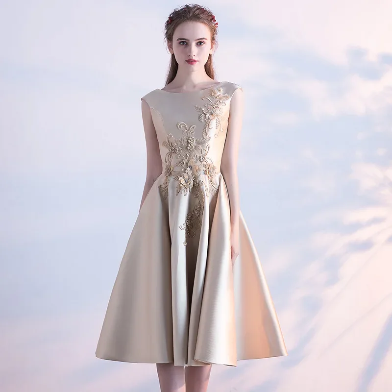 

Champagne Mid Length Dress Women Fashion Dignified Elegant Qipao Sleeveless Round Neck Prom Dresses Evening Party Gown Vestidos