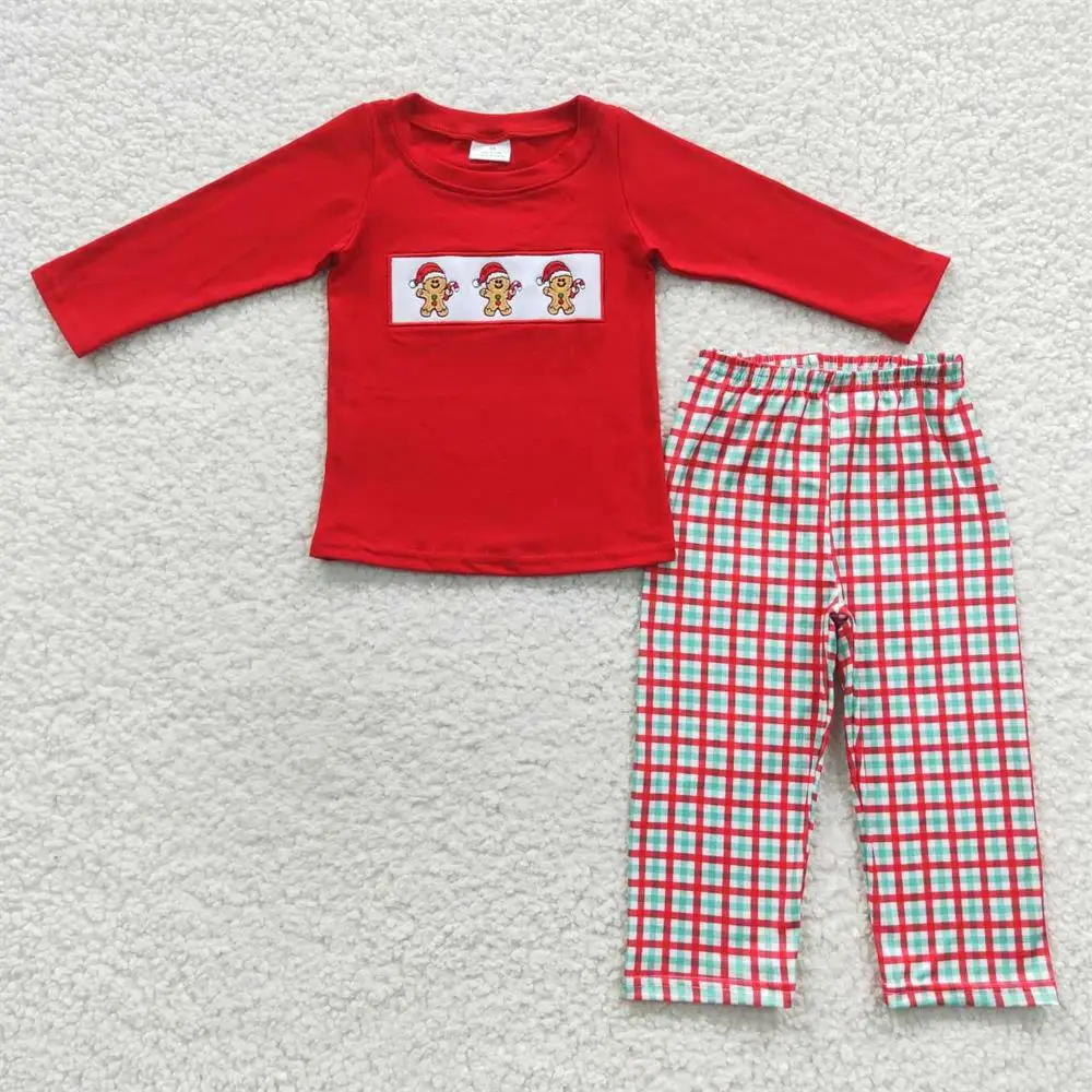 

Christmas Embroidery Cotton Gingerbread Red Nightwear Children Plaid Pants Baby Boy Sleepwear Set Kids Outfit Toddler Pajamas