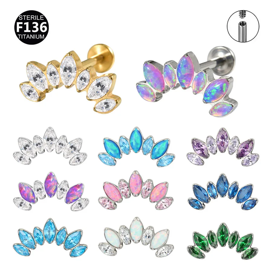 Sparkling Marquise CZ Curved Labret Top F136 Titanium Internally Threaded Lip Stud Helix Cartilage Piercing Jewelry