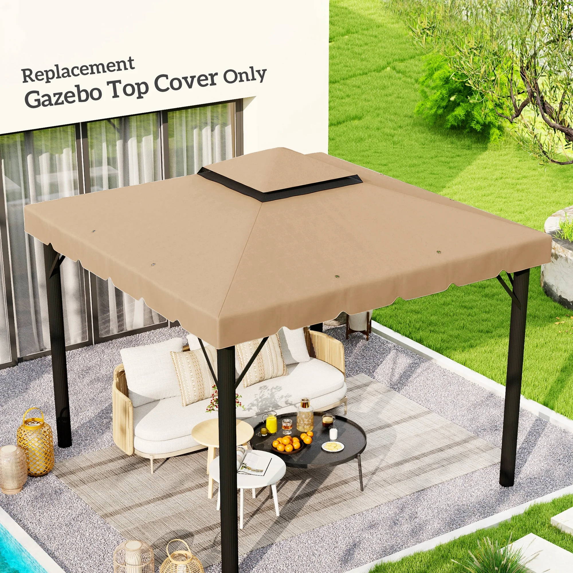 Outsunny 10'X10' Double Roof Gazebo Replacement Canopy Top Cover, Khaki