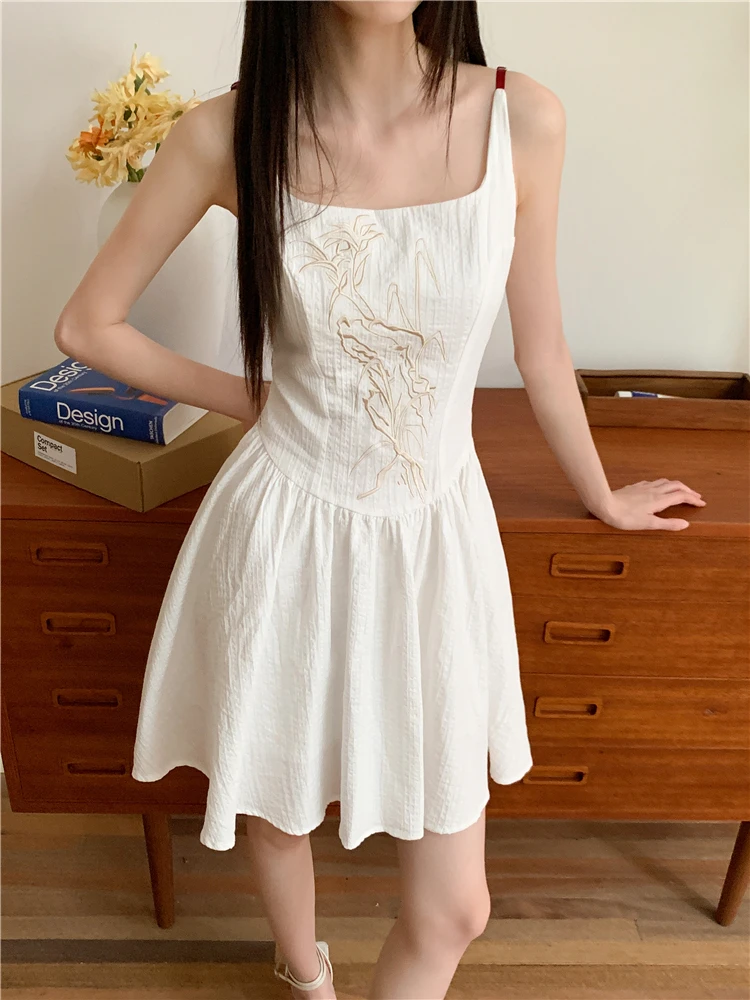 CHEERART Embroidered Floral White Short Dress For Women Summer 2024 Sleeveless Square Neck Mini Bandeau Dress Clothes