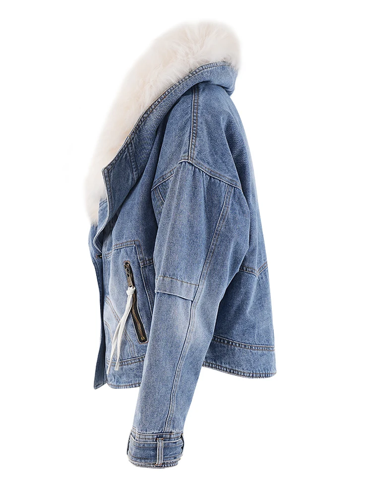 [EAM] Blue Denim Cotton-padded Big Size Warm Jacket New Fur Lapel Long Sleeve Women Coat Fashion Autumn Winter 2025 CPG2442