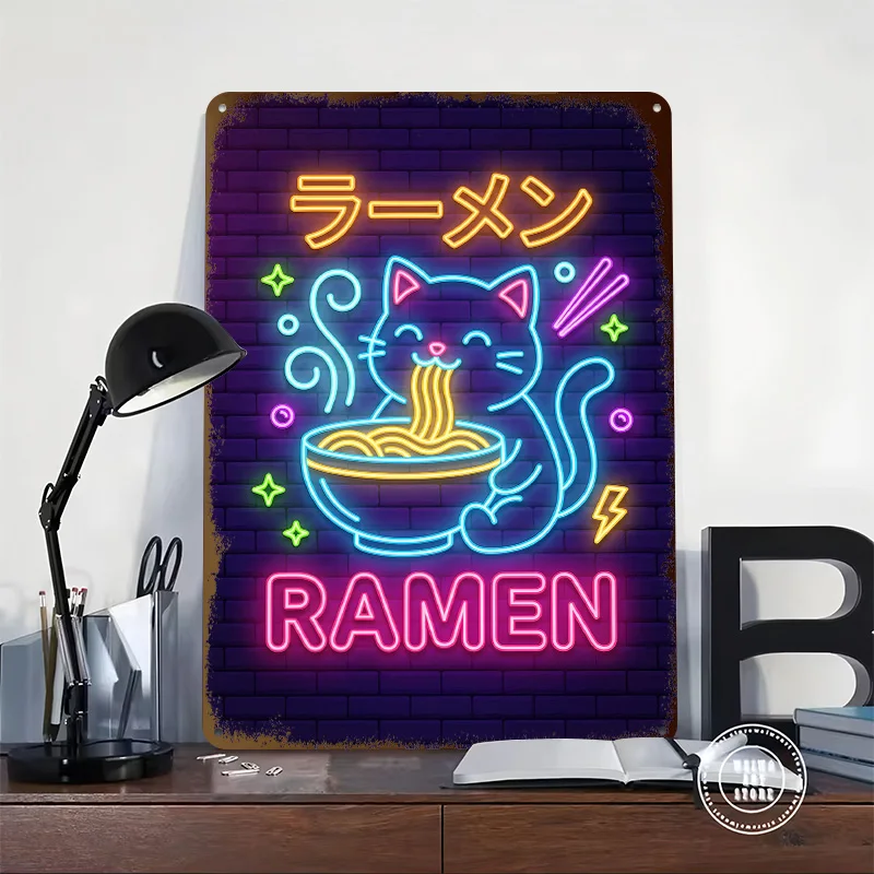 Neon Cat Eating Ramen Poster Customized Vintage Metal Signs Wall Art Retro Tin Plaque for Bedroom Decoration Room Accessories
