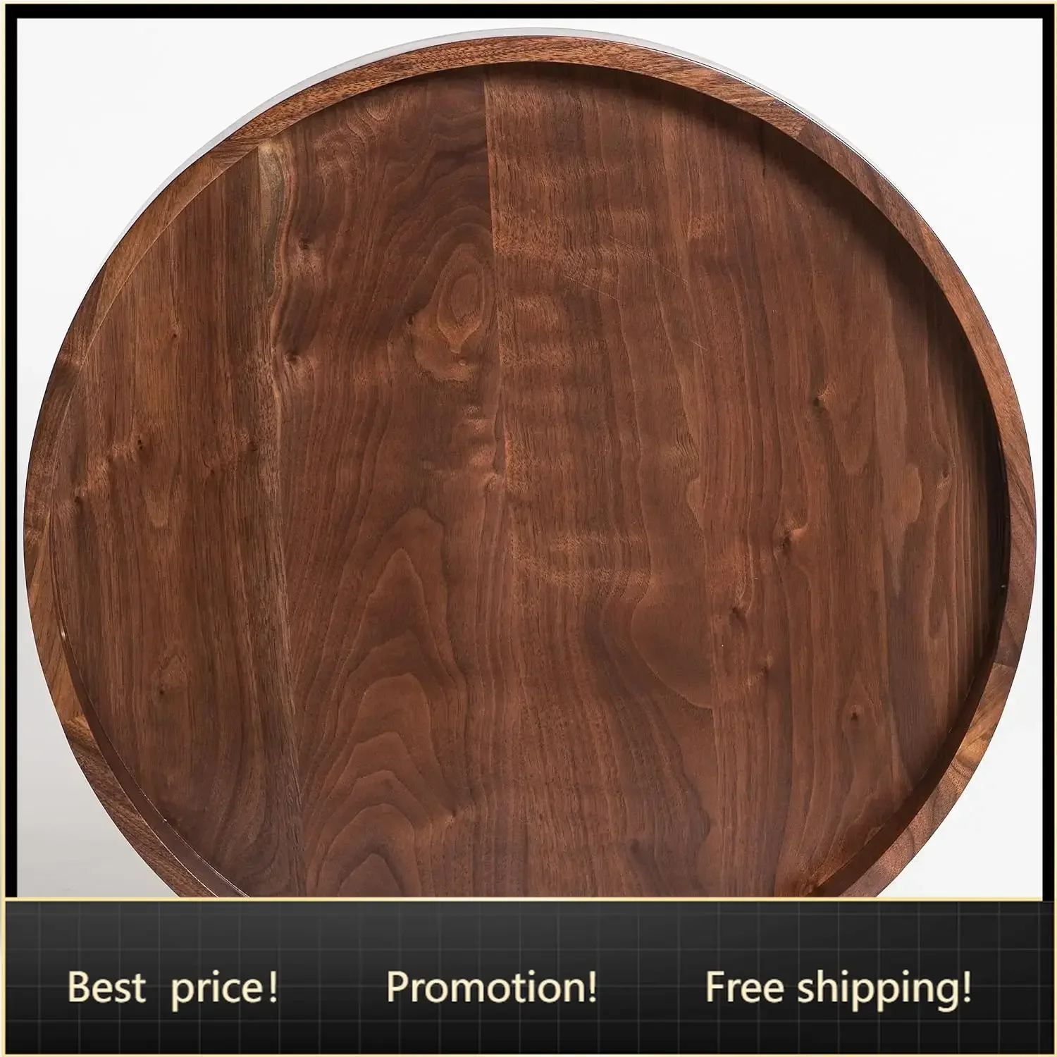 22 x 22 inches Round Ottoman Table Tray, Wooden Solid Black Walnut Circle Platter Decorative Serving Tray with Handle