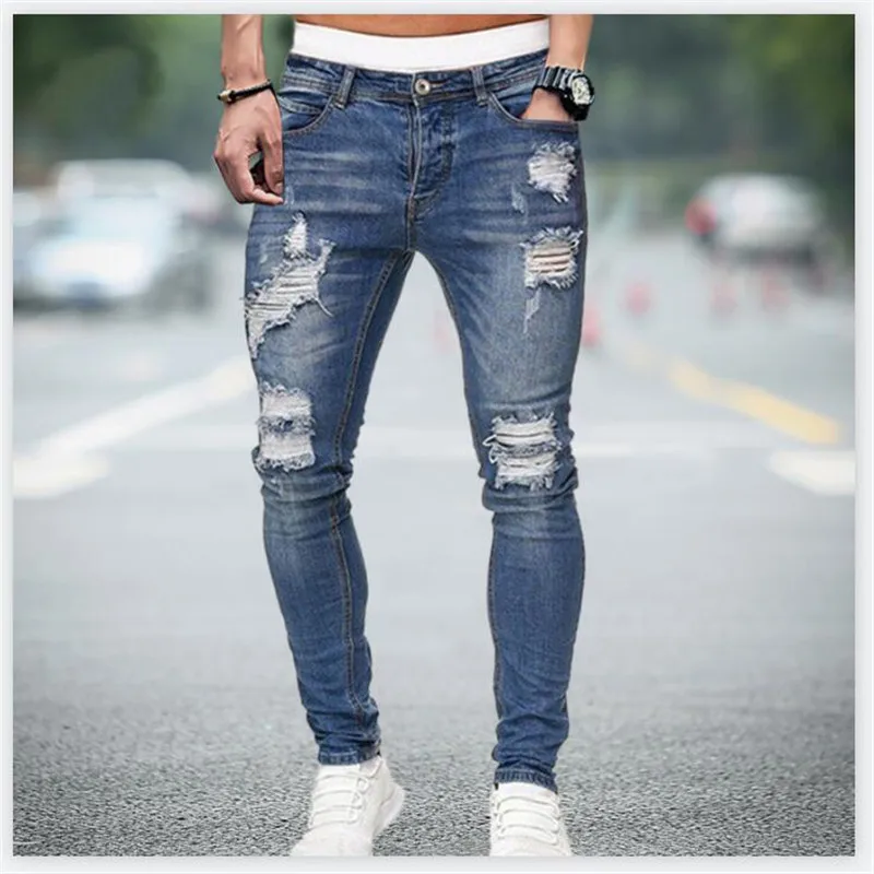 

Jeans Men Ripped Skinny Jeans Blue Pencil Pants Motorcycle Party Casual Trousers Street Clothing 2023 Fashion Denim Jogger Pants