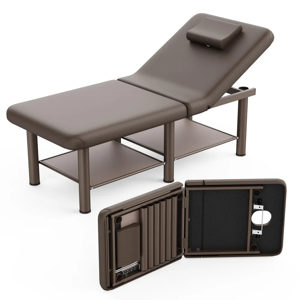 Folding Stationary Massage Table with Backrest and Storage Space, 6 Round Legs Metal Frame PU Leather, 30.5'' Wide ×