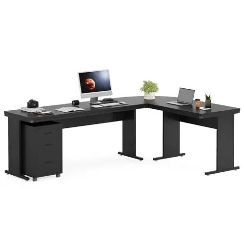 L-Shaped Executive Desk with File Cabinet, 83 Inch Large Corner Computer Desk with Drawers, Industrial Business
