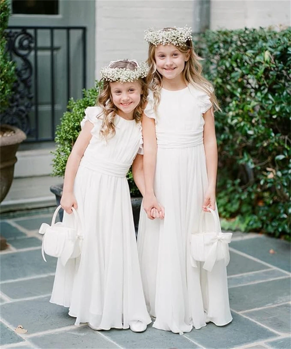 2025 New Classic Flower Girl Dresses Ruffles Sleeves Quinceanera Dresses Bridesmaid Dress Ruched Chiffon Sash Girls Ball Gown