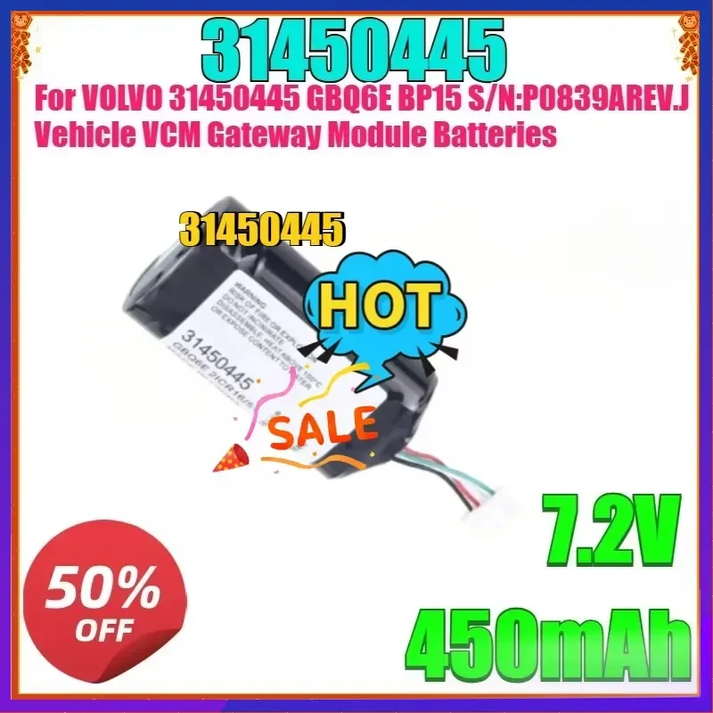 New 450mAh 7.2V 31450445 GBQ6E Battery for VOLVO 31450445 GBQ6E BP15 S/N:P0839AREV.J Vehicle VCM Gateway Module Batteries