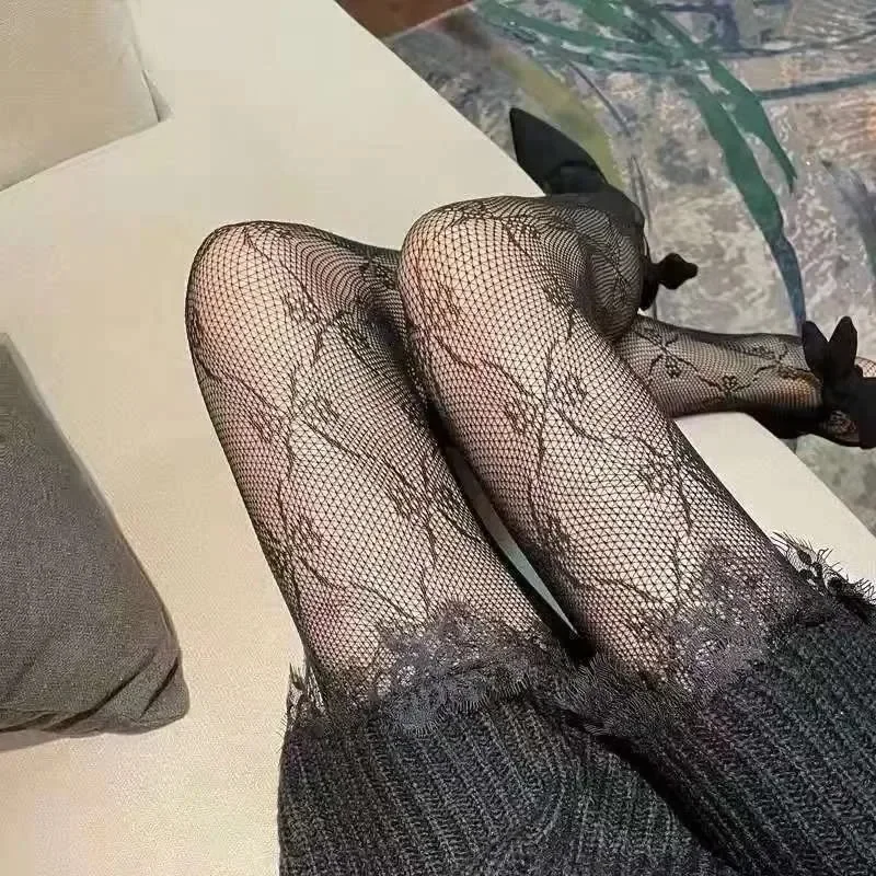 Stoking Nilon Jaring Ikan Hitam Putih Ikatan Simpul Seksi Wanita Celana Ketat Jaring Busur Pantyhose Bawah Kaus Kaki Berongga Gaya Punk Mode