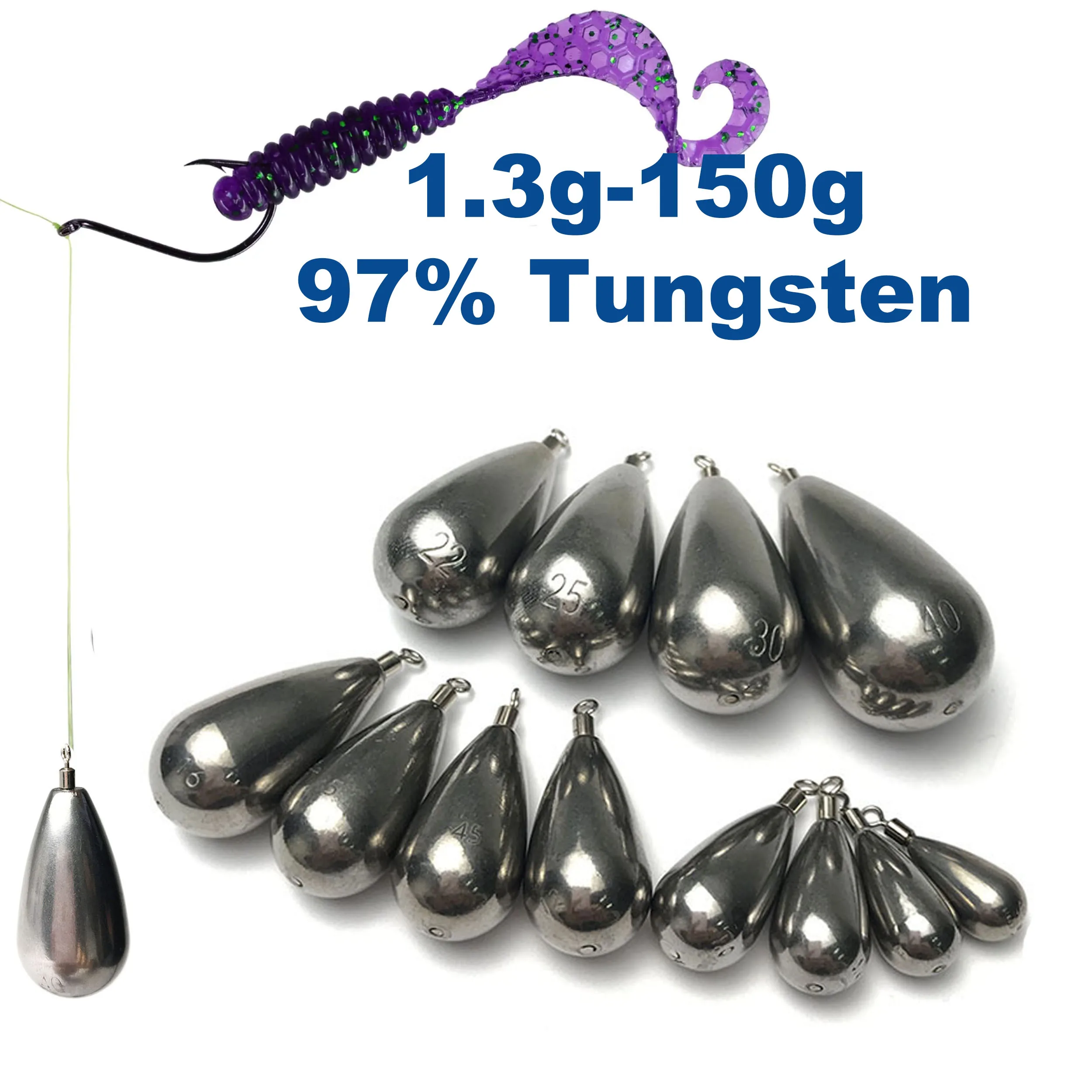 2-5Pcs 10.5g-60g 97% Pure Tungsten Tear Drop Shot for Drop Shot Rig Fishing Sinkers