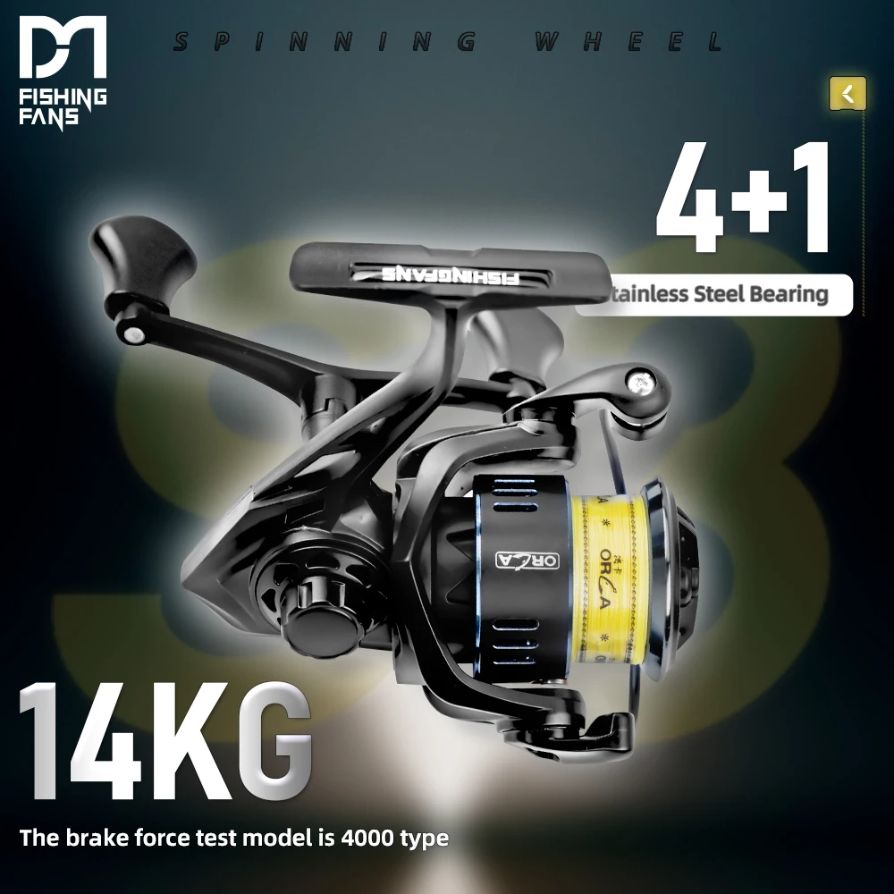 Carrete de Pesca Giratorio FISHINGFANS ORCA S3 Resistente al Agua, Potencia de Arrastre Máxima de 25 KG, 4+1BB, 5.2:1, Carrete de Pesca PESCA SPINNING