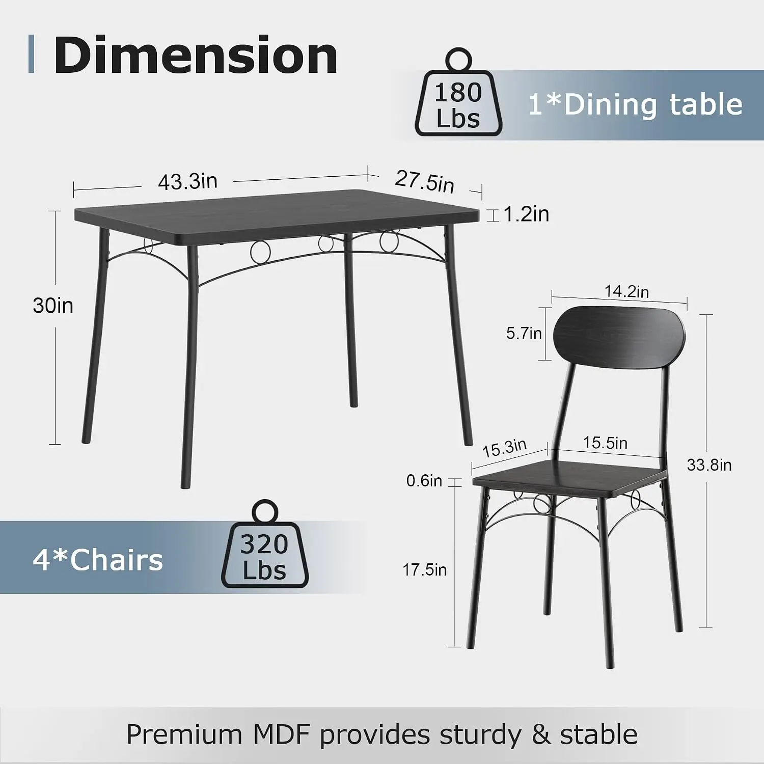 5-Piece Dining Table Set, MDF Tabletop & Metal Frame for Small Space Kitchen Breakfast Nook, Matte Black, Customized