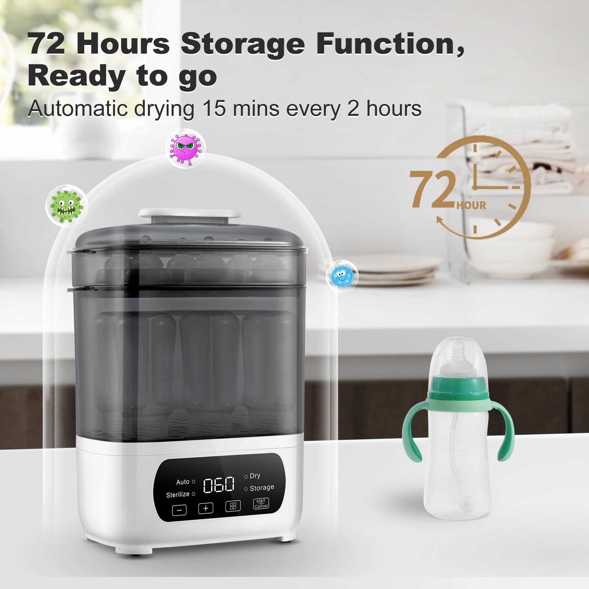 Sterilizzatore e asciugatrice per biberon 4 in 1 |   Disinfettante a vapore con controllo touch LED e spegnimento automatico - Universale per tutte le bottiglie