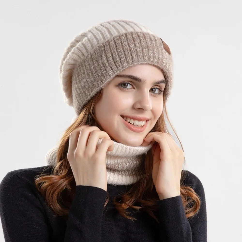Weiches Winter-Beanie-Mütze-Schal-Set, stilvolles Design, verdickte Thermo-Strickmütze, mit Fleece gefüttert, thermischer Schutz, warme Wollmütze, Skifahren