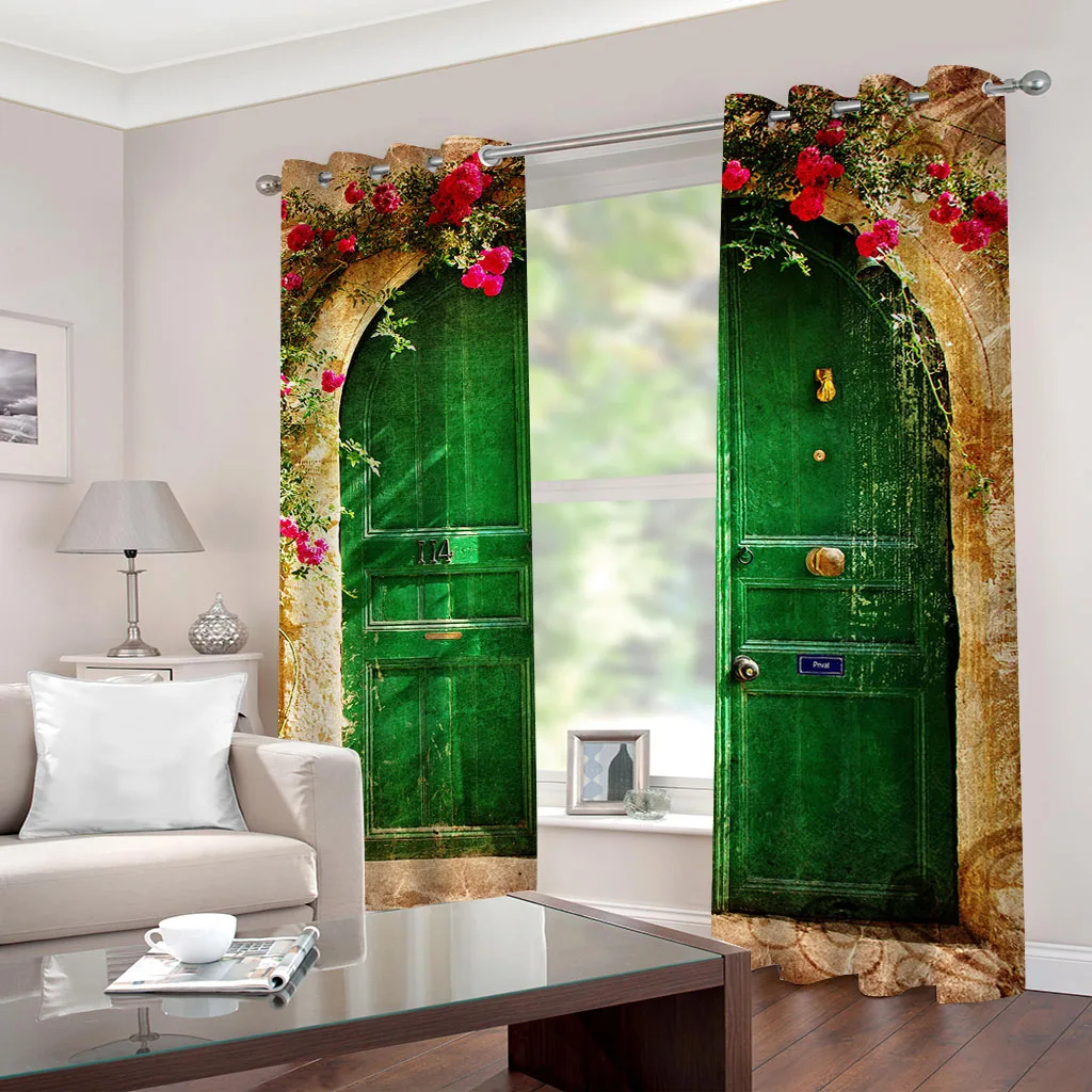 HUANZHUANG Home Interior Curtains Vintage Flower Vine Green Door Curtain 3D Print Bedroom Living Room Window Blackout Partition