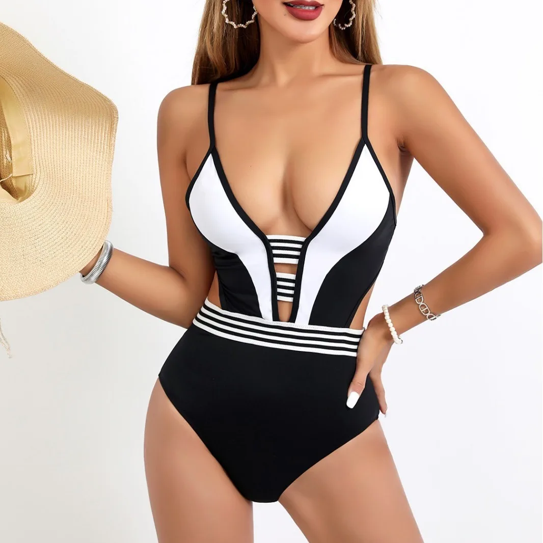 

One Piece Swimsuit Women Backless Puch Up Sexy Swimwear Solid Bathing Suits Patchwork Beachwear Monokini Swimsuit Women 2024