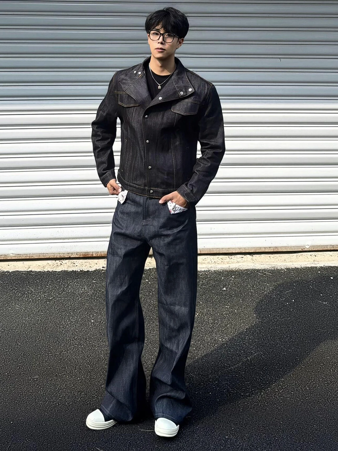 

Deep Blue Floral Patchwork Wide Leg Jeans Men's Style Autumn American High Street Vibe Loose Straight Long Pants