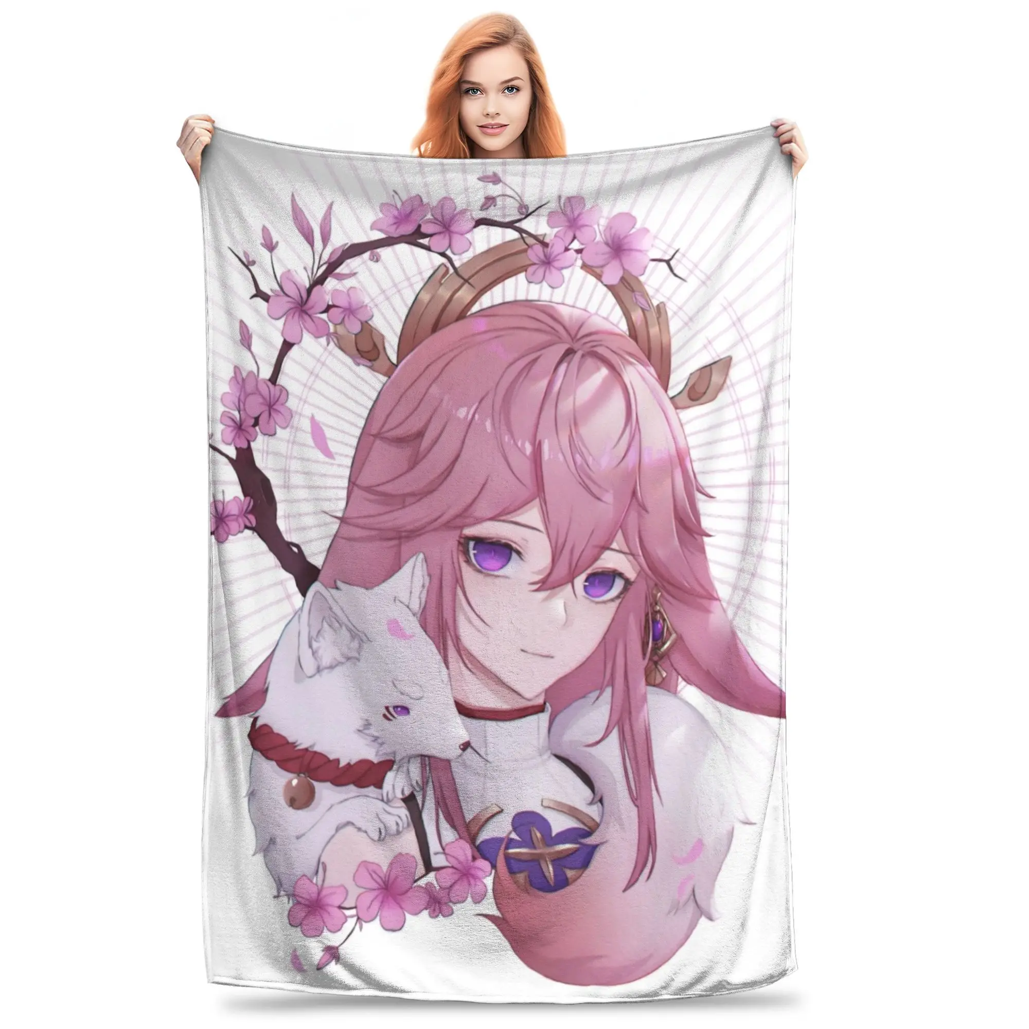 

Genshin Impact Blankets Yae Miko Anime Wool Awesome Warm Throw Blanket for Home Restaurant Spring/Autumn