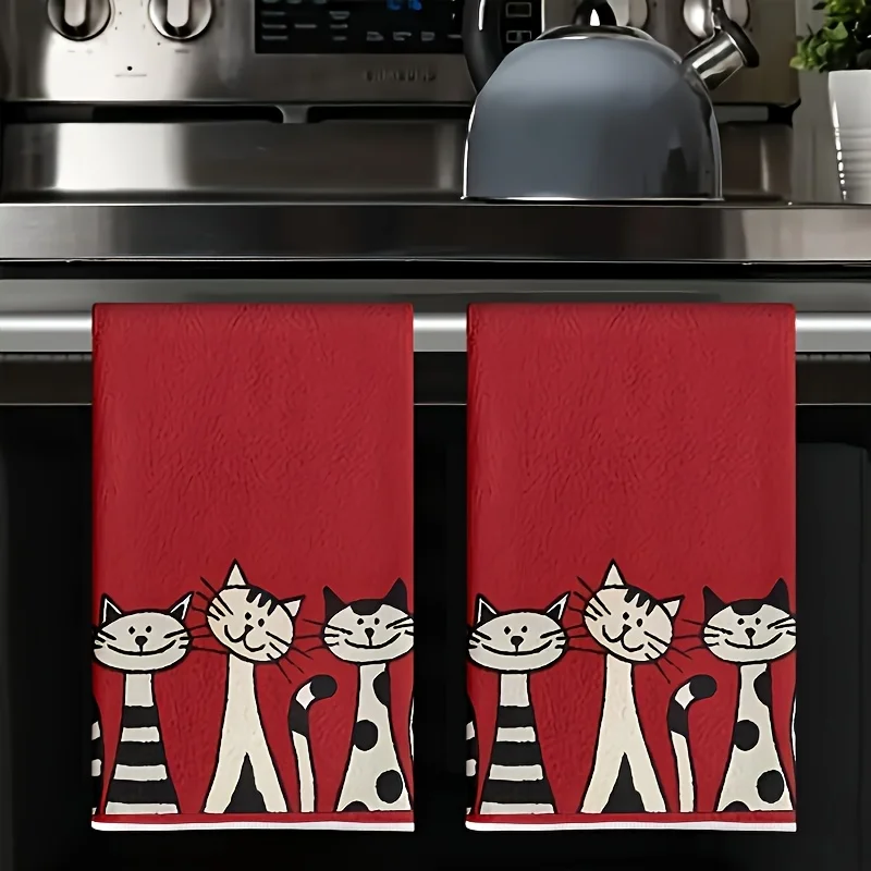 2PCS, Three Cats series red background printed kitchen towel, cooking and baking tea towel, dish towel