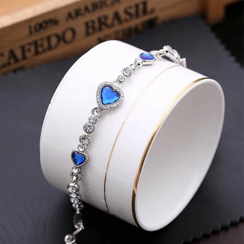 2023 New Female Luxury Lucky Bracelet For Women Blue Crystal Heart Charms Bracelet Bridal Wedding Engagement Fine Jewelry Gift