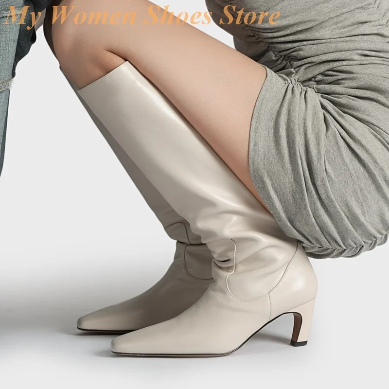 

Square Toe Knee High Boots Kitten Heel White Black Matte Leather Runway 2026 New Arrivals Fashion Dress Shoes Slip On Solid