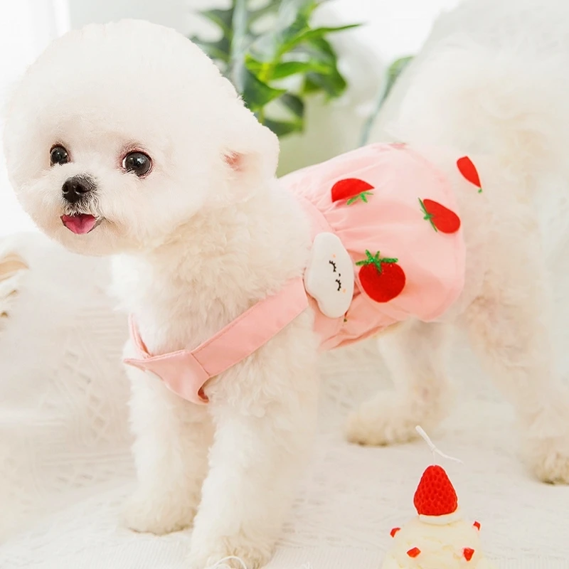 Dog Dress with Strawberry Mesh Skirt Puppy Clothes Spring Summer Pet Clothes for Small Dogs Pink Cute Chihuahua Yorkie Vest