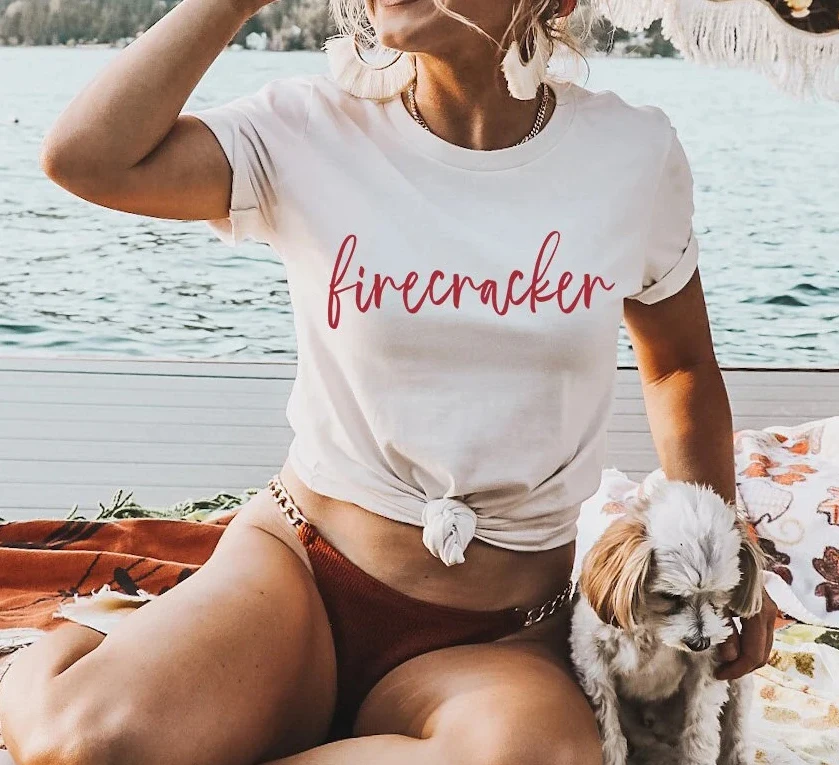 

2024 New Hot Sale Fashion Summer Beach Casual Women T-shirt Firecracker Simple Slogan Femlae Shrit Stylish Individuality Tee