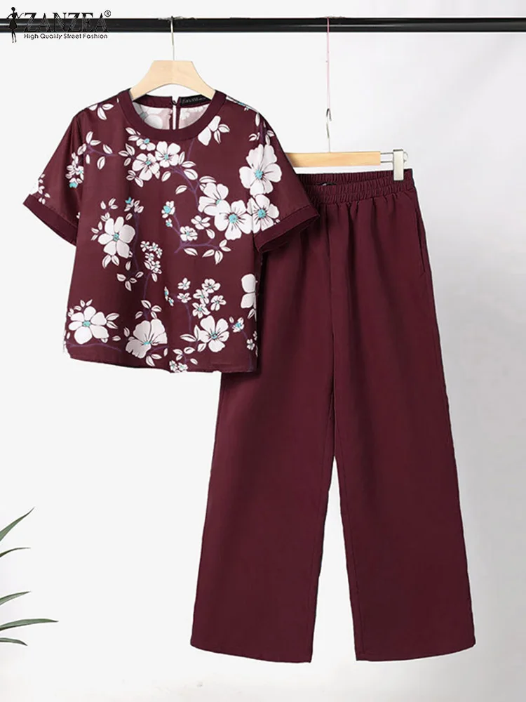 

ZANZEA Summer Printed Tracksuits Women Pant Sets Short Sleeve Floral Blouse Bohemain Trousers Suit Fashion Casual Matching Sets