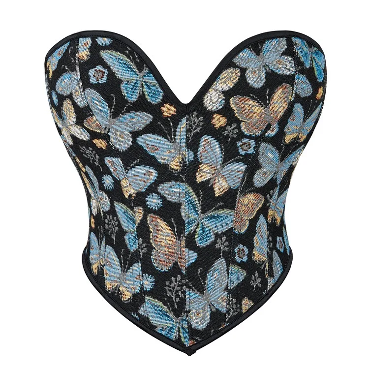 

French court-style oil painting blue butterfly tube top corset, vintage, elegant corset, palace-style, wedding and evening wear