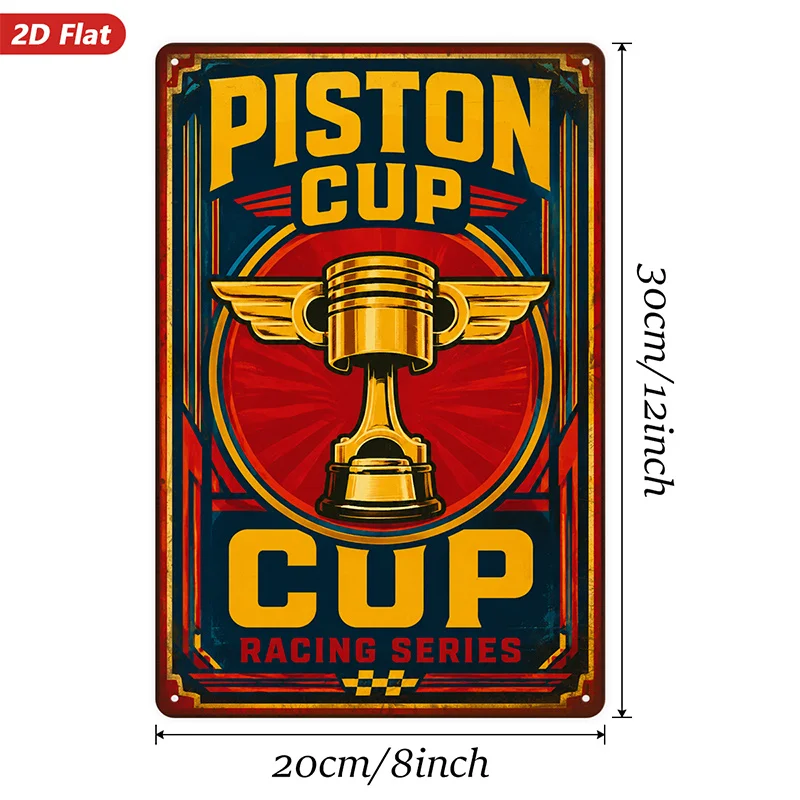 2D Flat, 1pc Metal Sign Wall Art, Piston Cup Racing Series Decorative Painting, Automotive Theme, Retro Style, for Home Decor