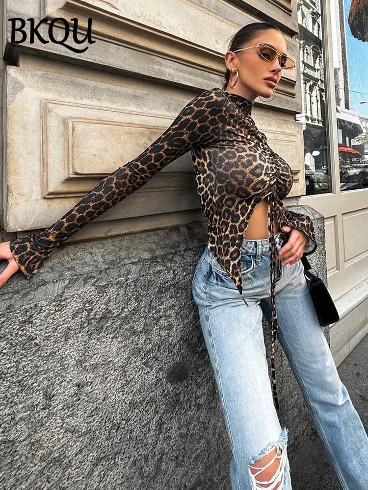 BKQU Leopard Drawstring Print Long Sleeve T-shirt Women Elastic Sexy Ruched O Neck Split Crop Top Female Y2k Club Irregular Tees
