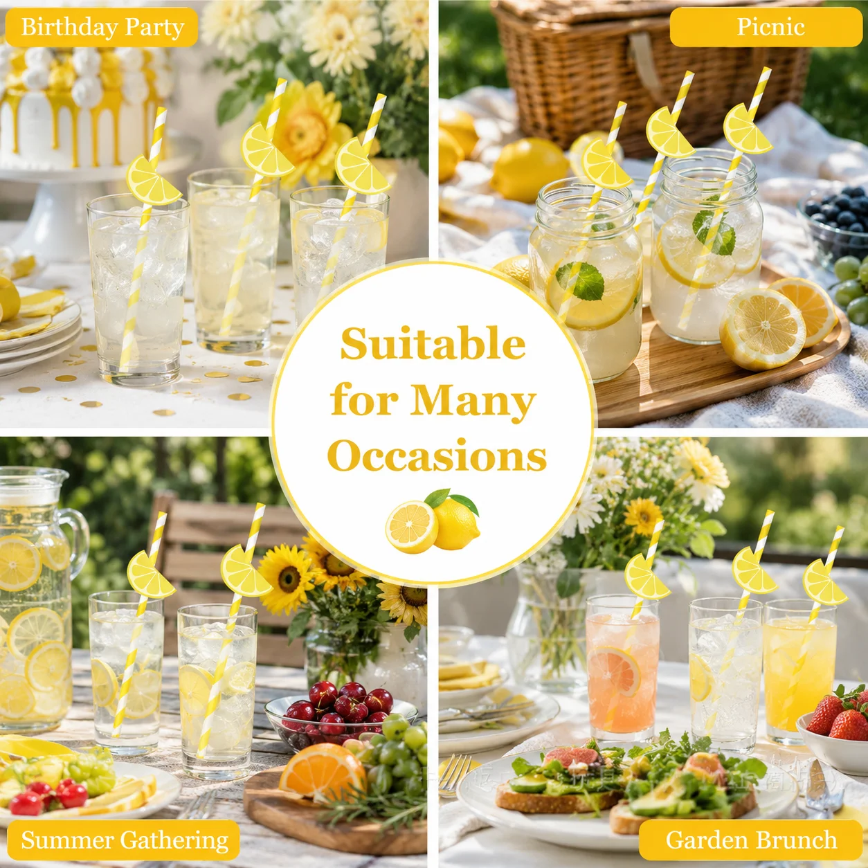 30pcs Yellow White Striped Paper Straws with Lemon Toppers, Disposable Party Drinking Straws
