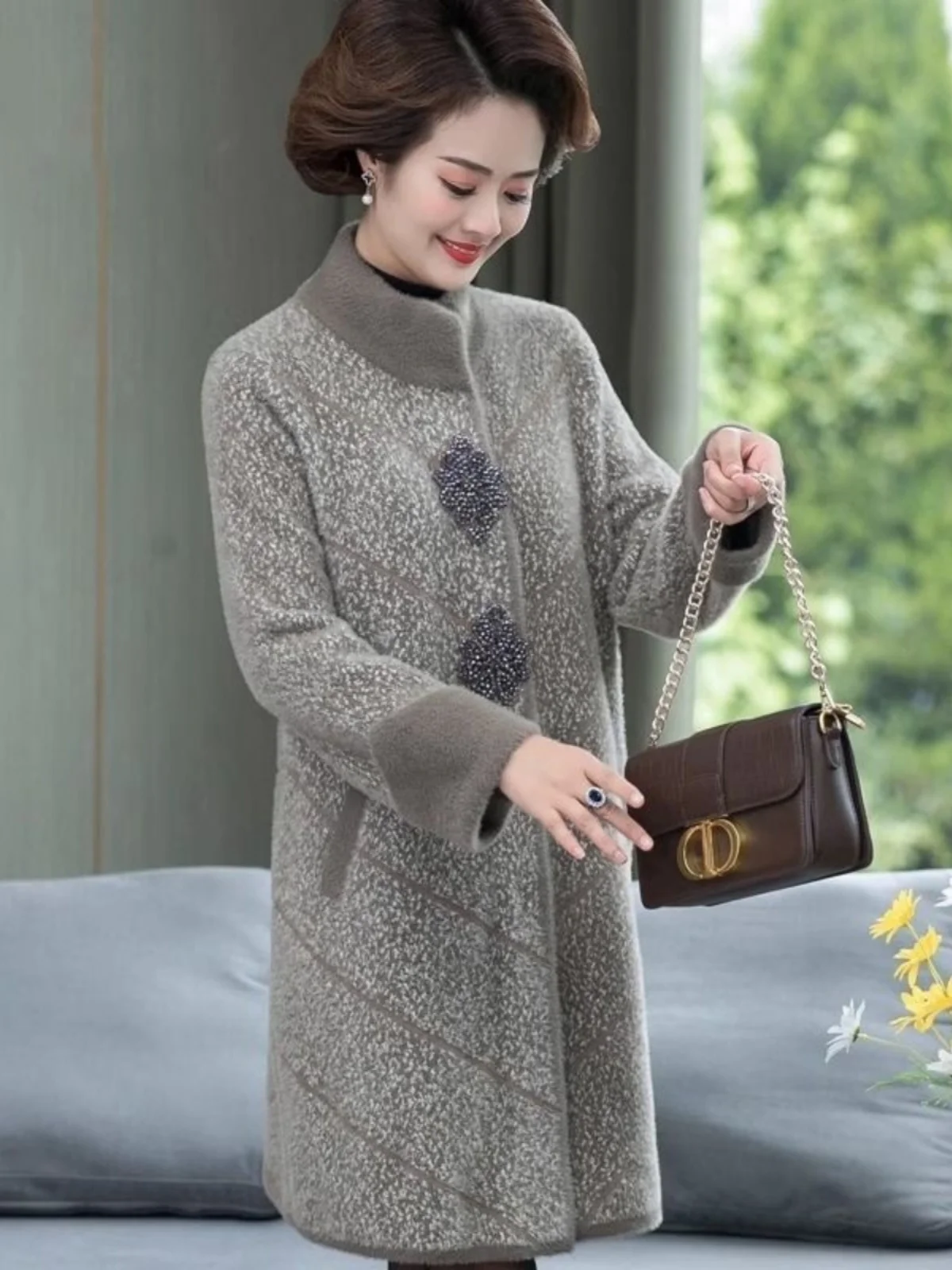 

Thiened норковое бархатное пальто средней длины для мамы, осенне-зимнее свадебное шерстяное пальто большого размера для женщин среднего возраста